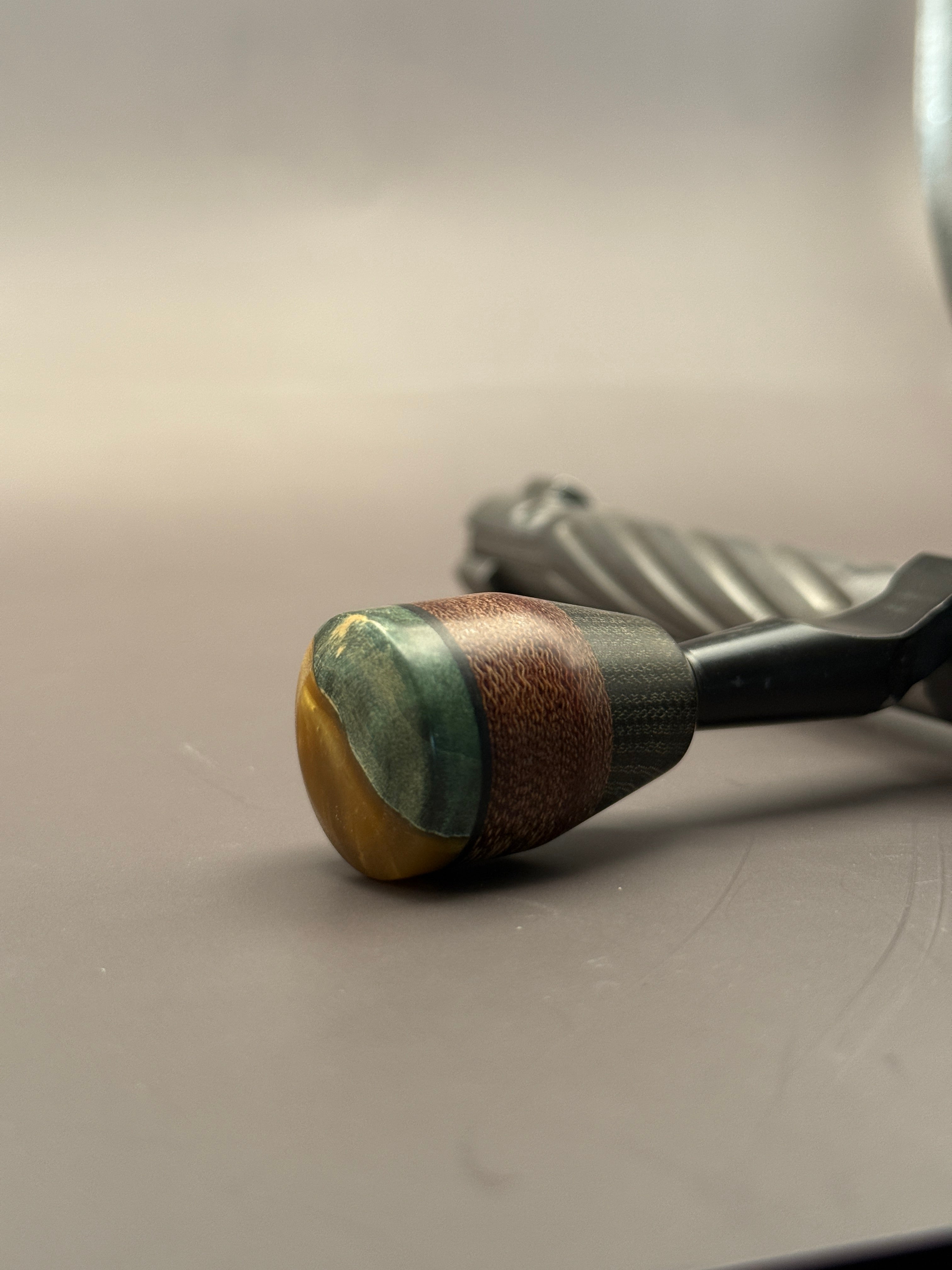 Handmade Custom Bolt Knob – Caramel Resin, Black/Brown Phenolic, & Green G10