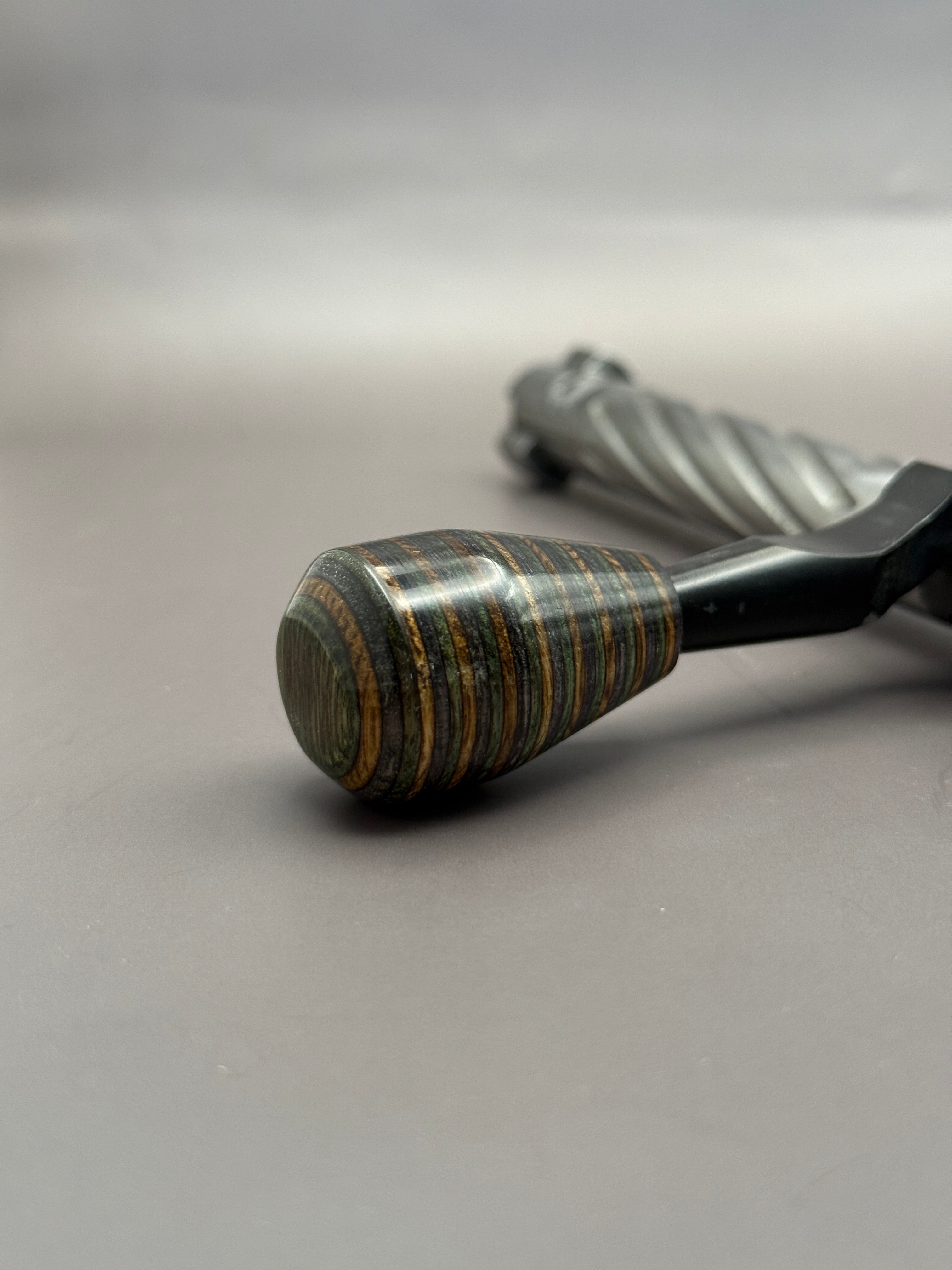 Handmade Custom Bolt Knob – Blue, Green & Tan Skateboard Deck Wood